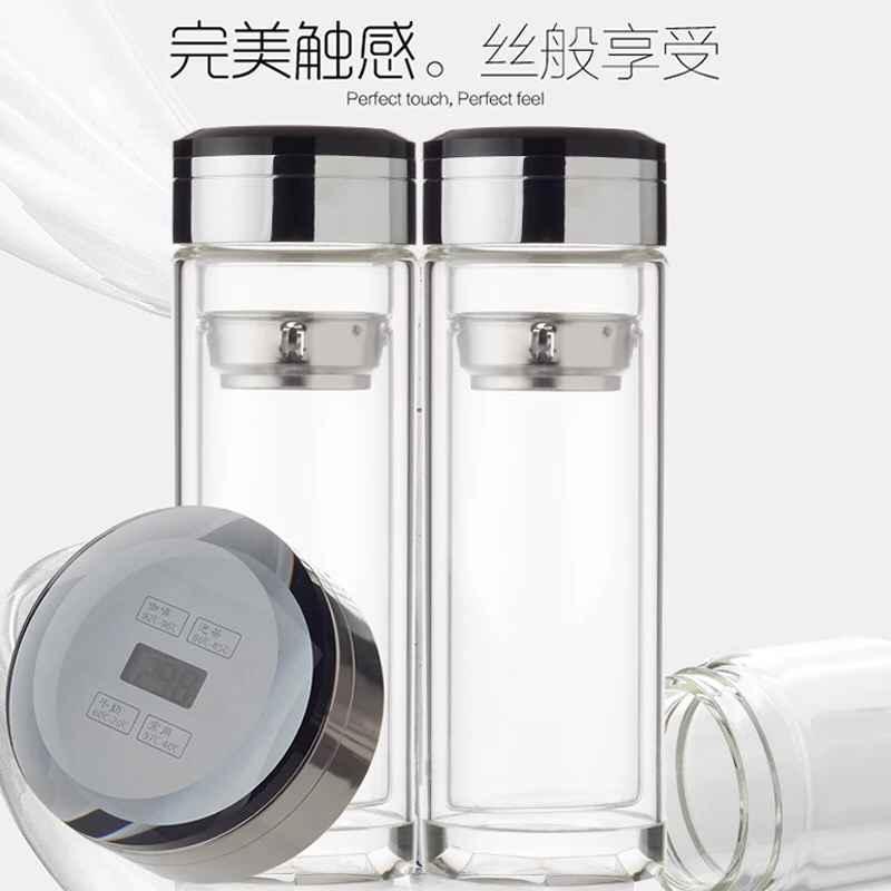 溫度計(jì)水杯,水晶雙層玻璃杯便攜透明茶水杯隔熱過(guò)濾保溫杯定制logo